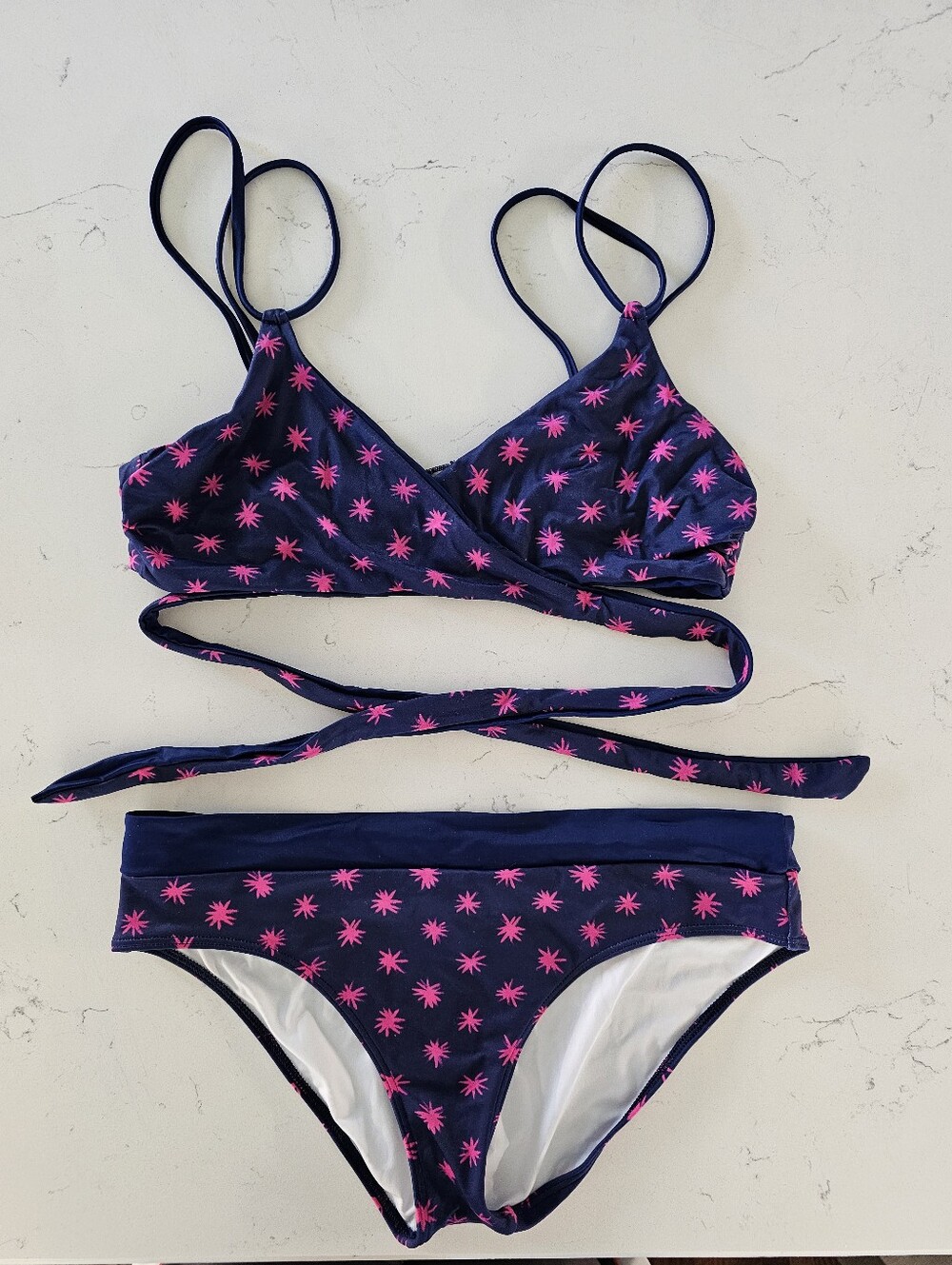Lands End Reversible Women's Navy Swim WrapBikini Set with Pink Starburst Print - Picture 5 of 9